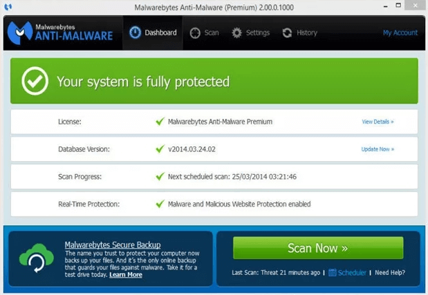 malwarebyte antivirus pc interface