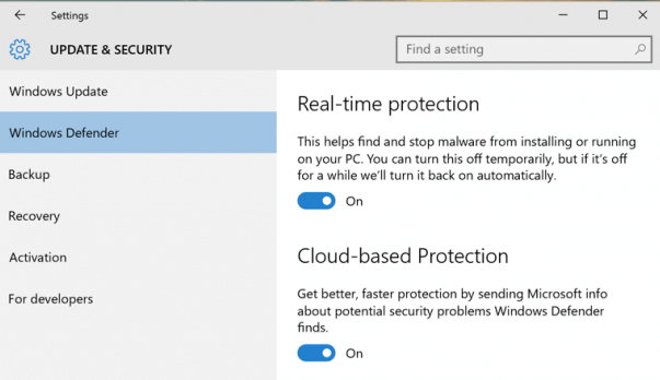 windows defender settings