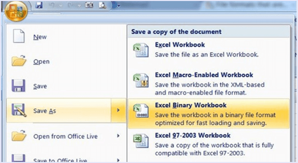 save excel as binary to reduce size