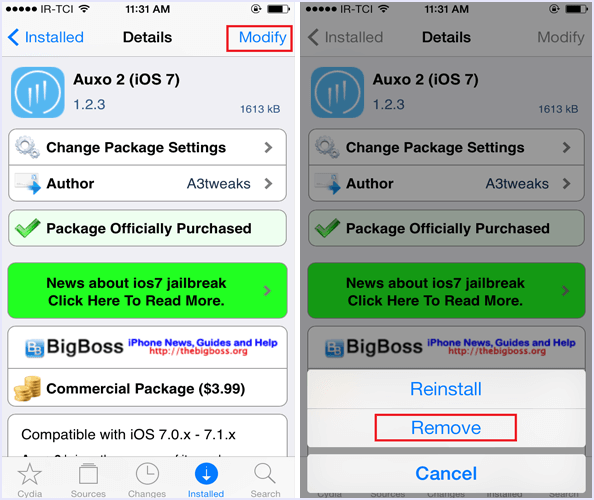 remove cydia tweak