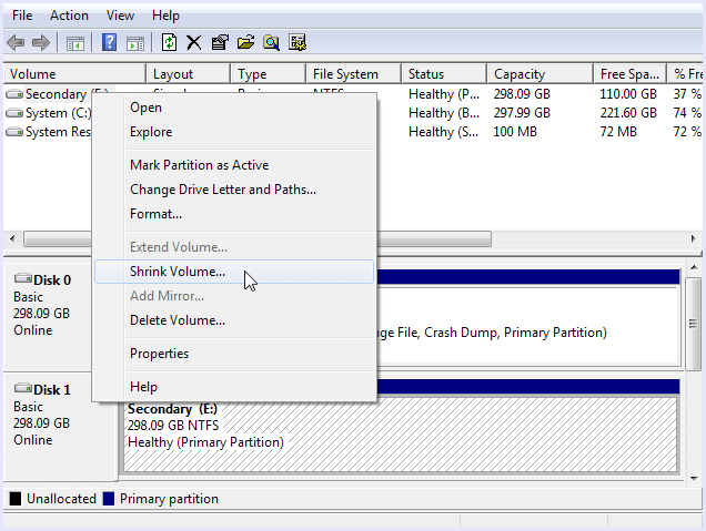 shrink volume disk manager