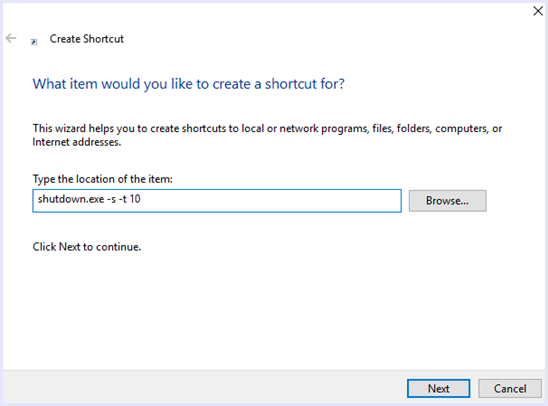 shutdown timer shortcut command