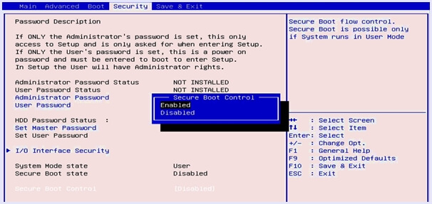 secure boot mode toggle bios